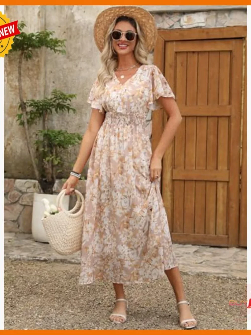 Summer Floral Maxi Dress V Neck Short Sleeve Chiffon Boho Beach Wedding Guest - Picture 3 of 7